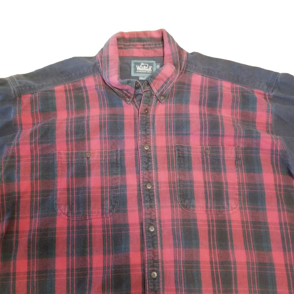 Woolrich Flannel Shirt Men's Size 2XL Long Gray Red Plaid Made In USA Vintage